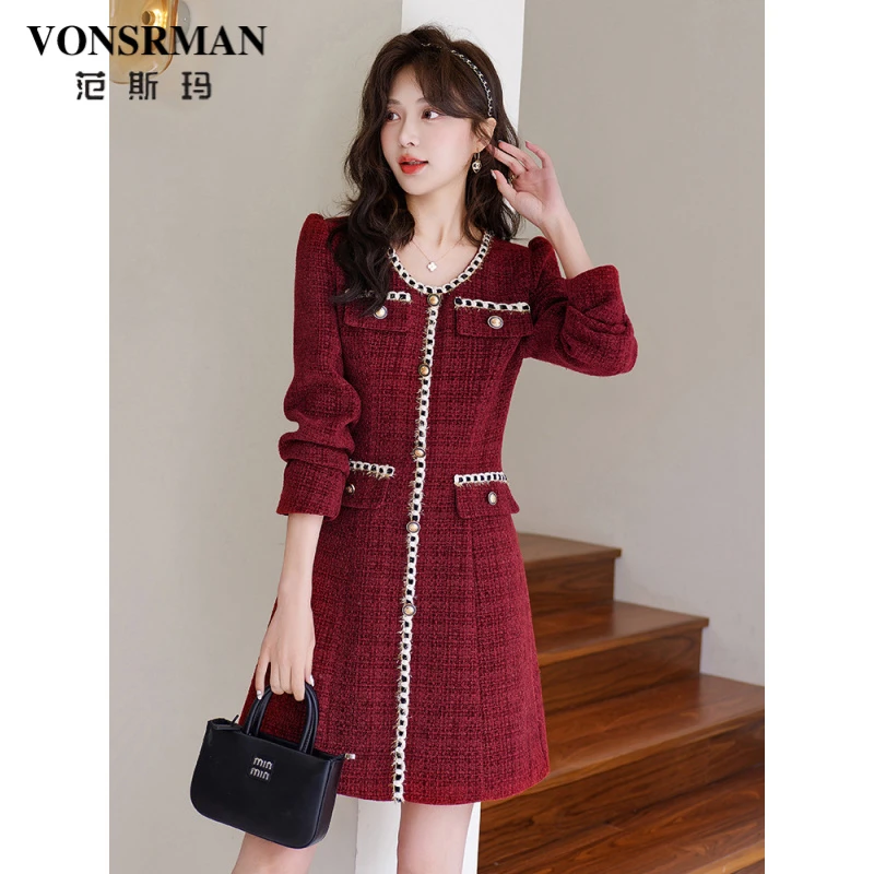 小香风V领长袖连衣裙女装2025年春秋款韩版洋气修身时尚显瘦A字裙