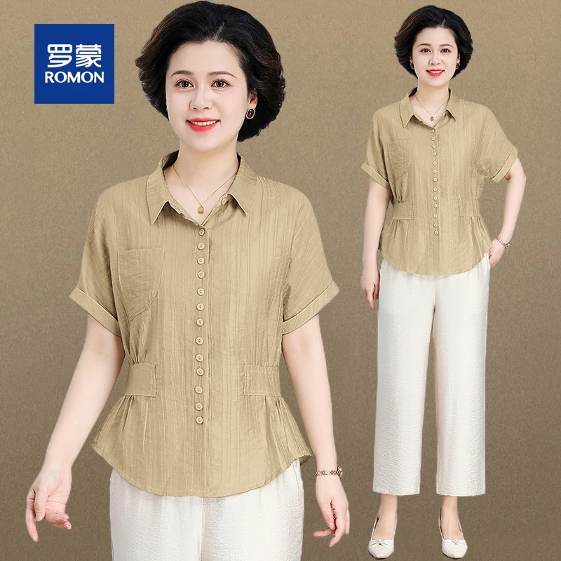 罗蒙中老年短袖衬衫女夏季新款洋气休闲衬衣妈妈套装女宽松小衫