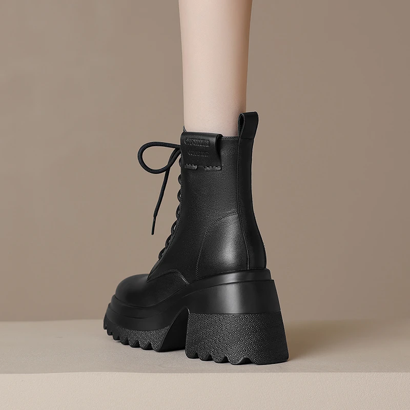 秋冬9.5CM粗跟小个子高跟马丁鞋女侧拉链轻便厚底加绒马丁靴女款