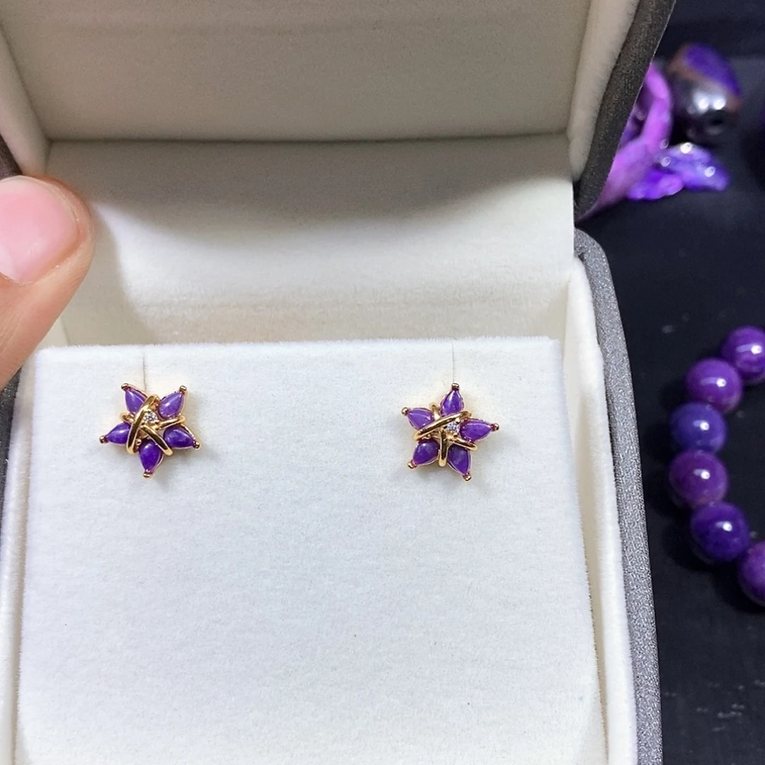 苏纪石（舒俱来）银S925镀金镶嵌南非舒俱来耳钉