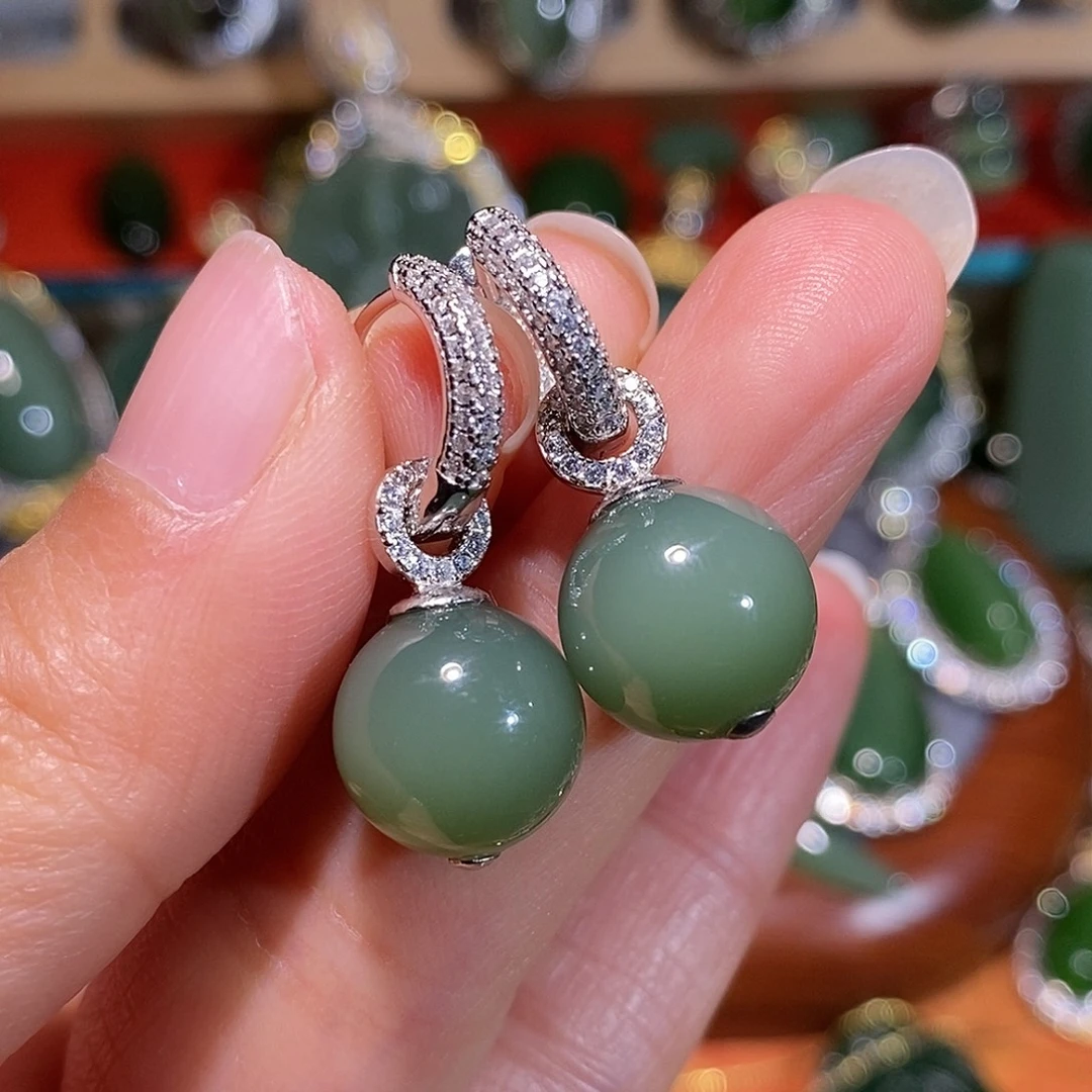 和田玉（碧玉）银S925镶嵌耳饰