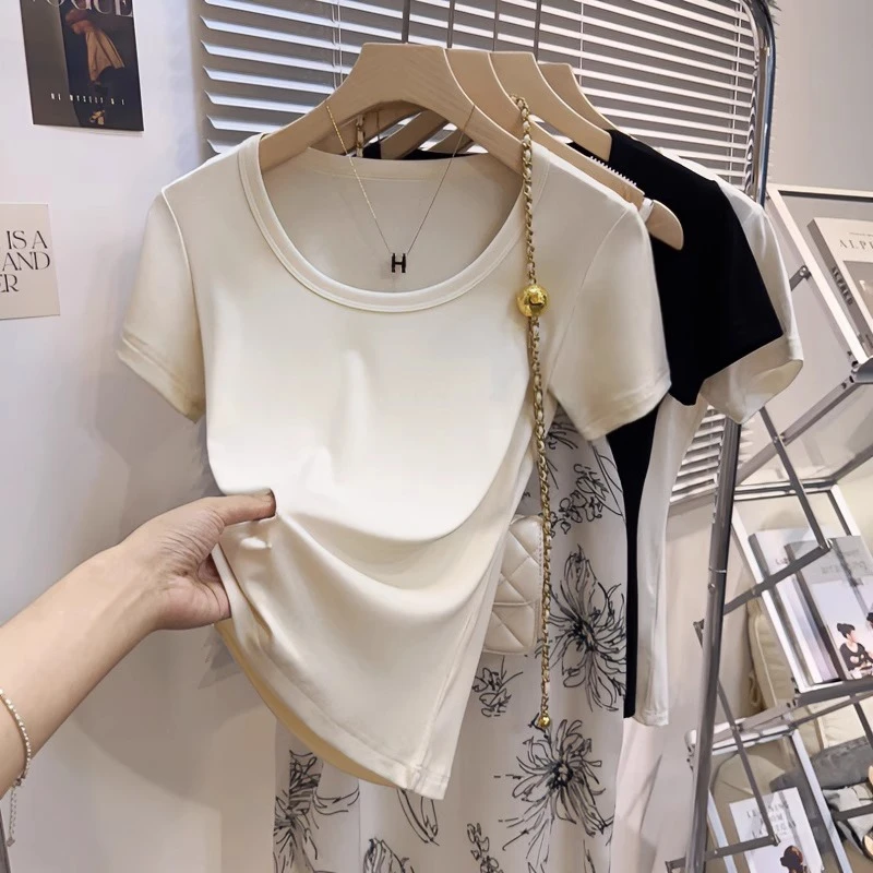 多巴胺穿搭正肩U领春夏冰丝短袖T恤女辣妹小众螺纹打底衫短款上衣
