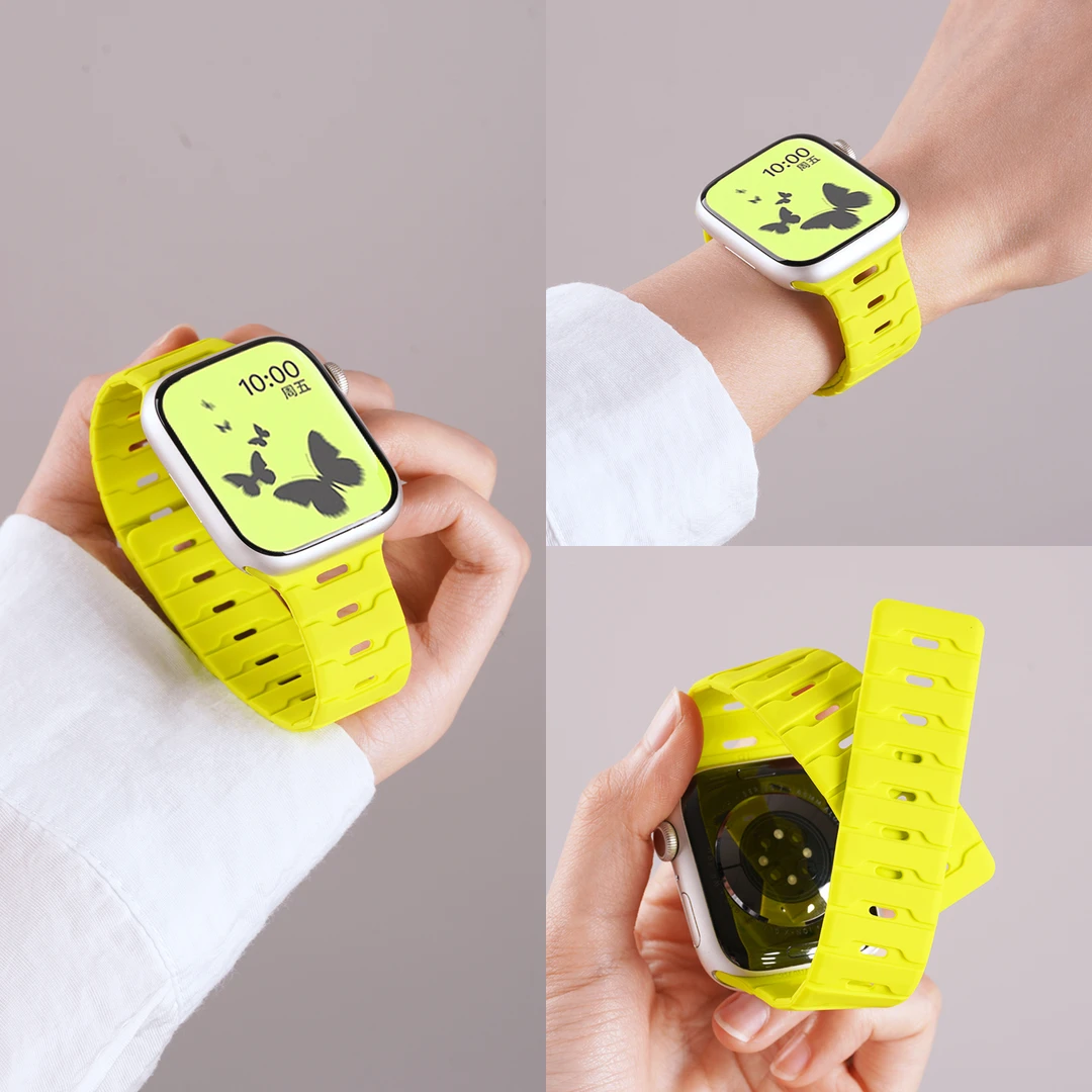 适用Apple苹果iwatchS11手表带ultra龙鳞纹磁吸硅胶S10/9透气腕带