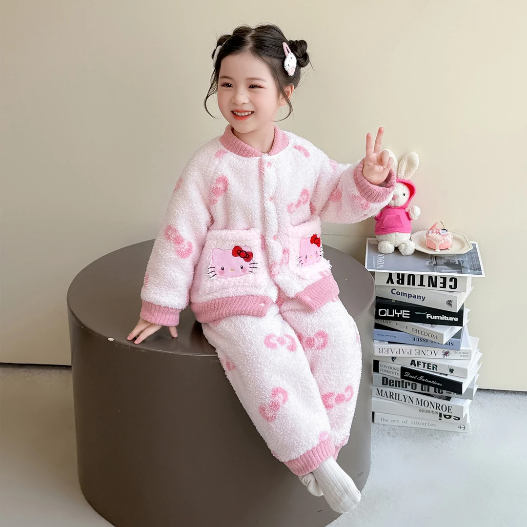 女童加厚睡衣冬季女孩卡通双层保暖开衫家居服宝宝法兰绒加绒套装