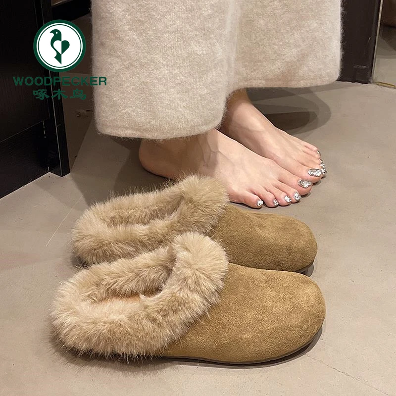 啄木鸟勃肯半拖鞋女外穿2025年新款秋冬季一脚蹬保暖懒人包头棉拖