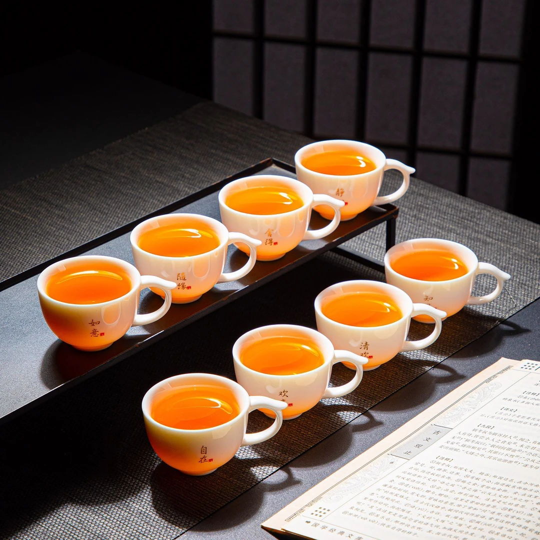 羊脂玉白瓷8只装功夫茶杯品茗杯主人杯家用一套会客喝茶小茶杯