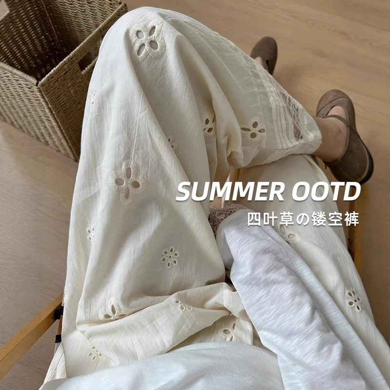 杏色冰丝阔腿裤女夏季2025新款设计感九分蕾丝拼接镂空直筒休闲裤