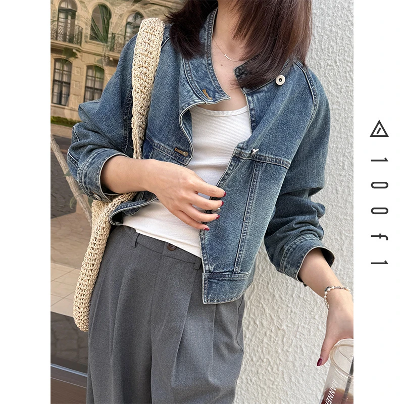 旧日单宁牛仔外套 短款利落 柔软挺括棉料 斜门襟开衩设计F2337