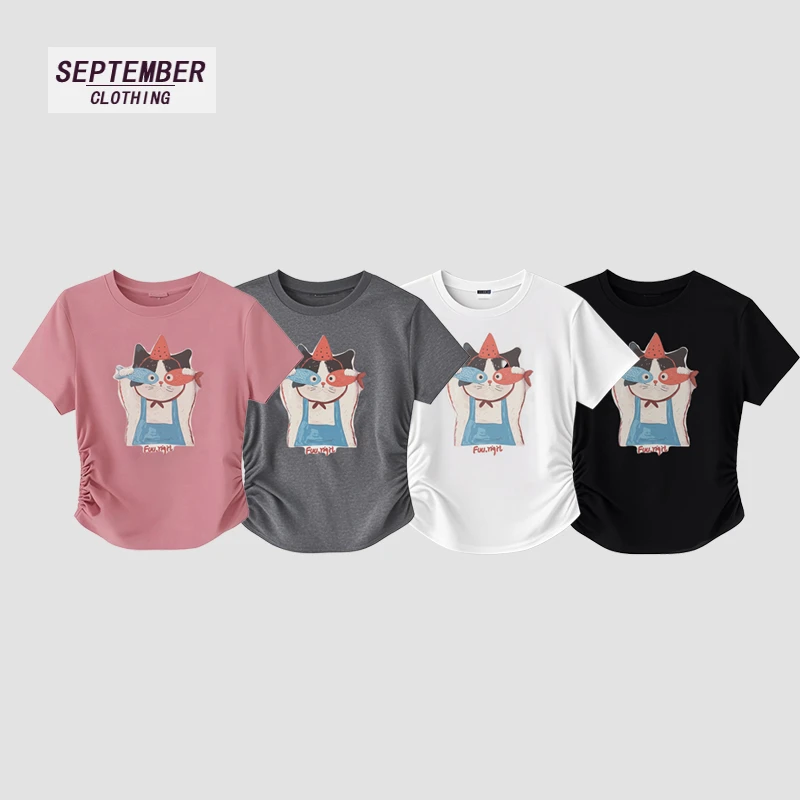 2025夏季小猫新款时尚洋气百搭褶皱短袖上衣显瘦洋气修身显百搭