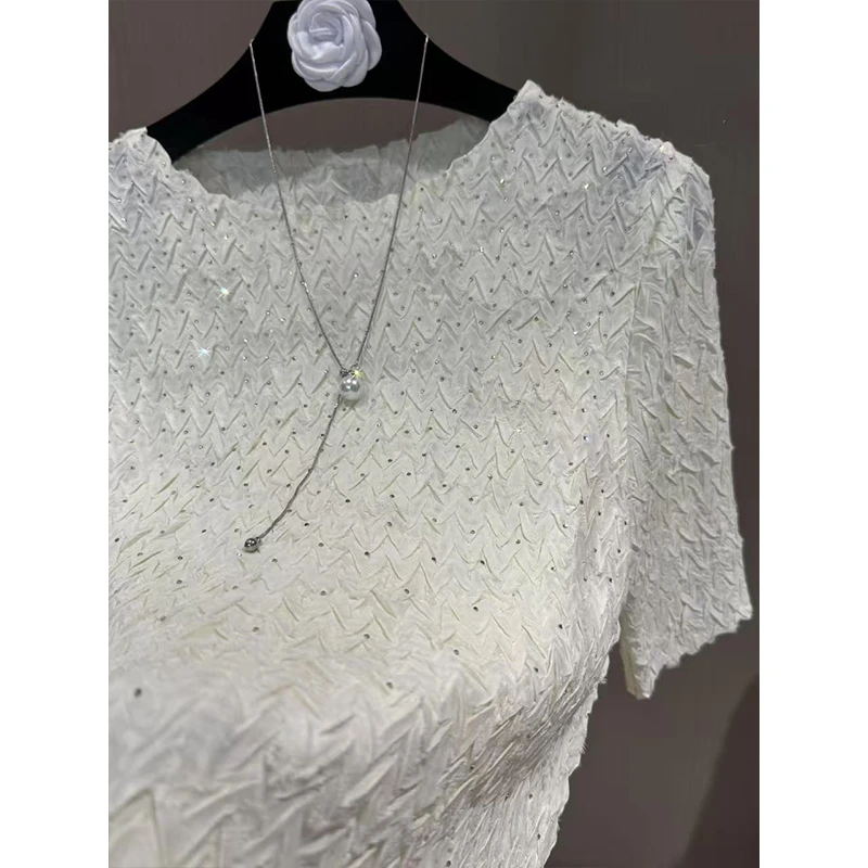 SH轻奢（蓝色恋人）重工烫钻手工褶显瘦女士短袖上衣1