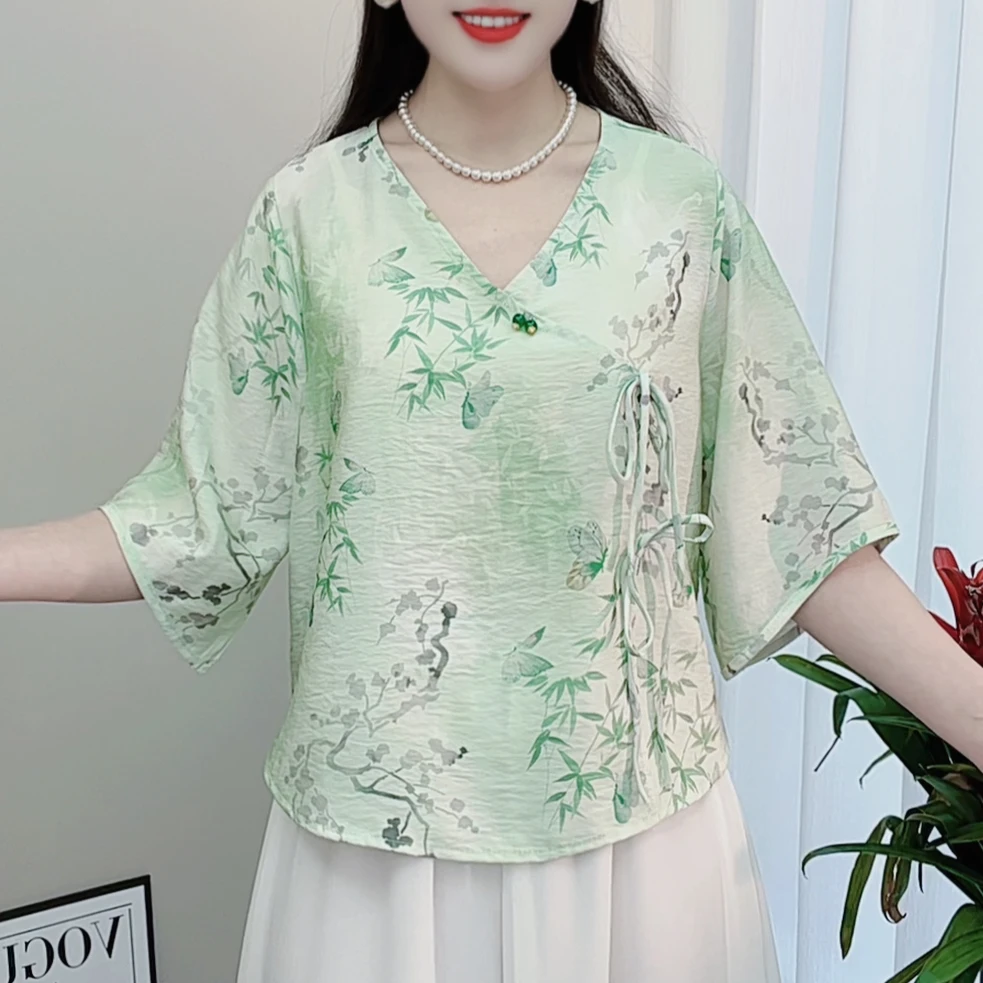 夏季短版茶服中式小衫文艺复古女装民国风学生低领中袖宽松上衣