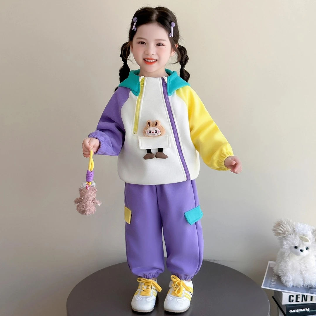 女童卡通拼色运动套装秋季2025新款洋气儿童女宝宝秋装卫衣两件套