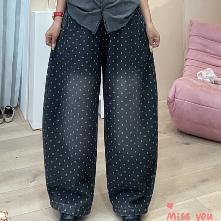 954黑色点点加绒加厚牛仔长裤女