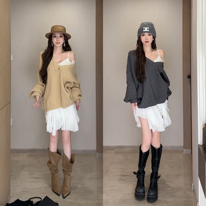 小雨姐姐【海盐棉花糖】时尚V领半边蕾丝花边宽松显瘦遮肉毛衣女新