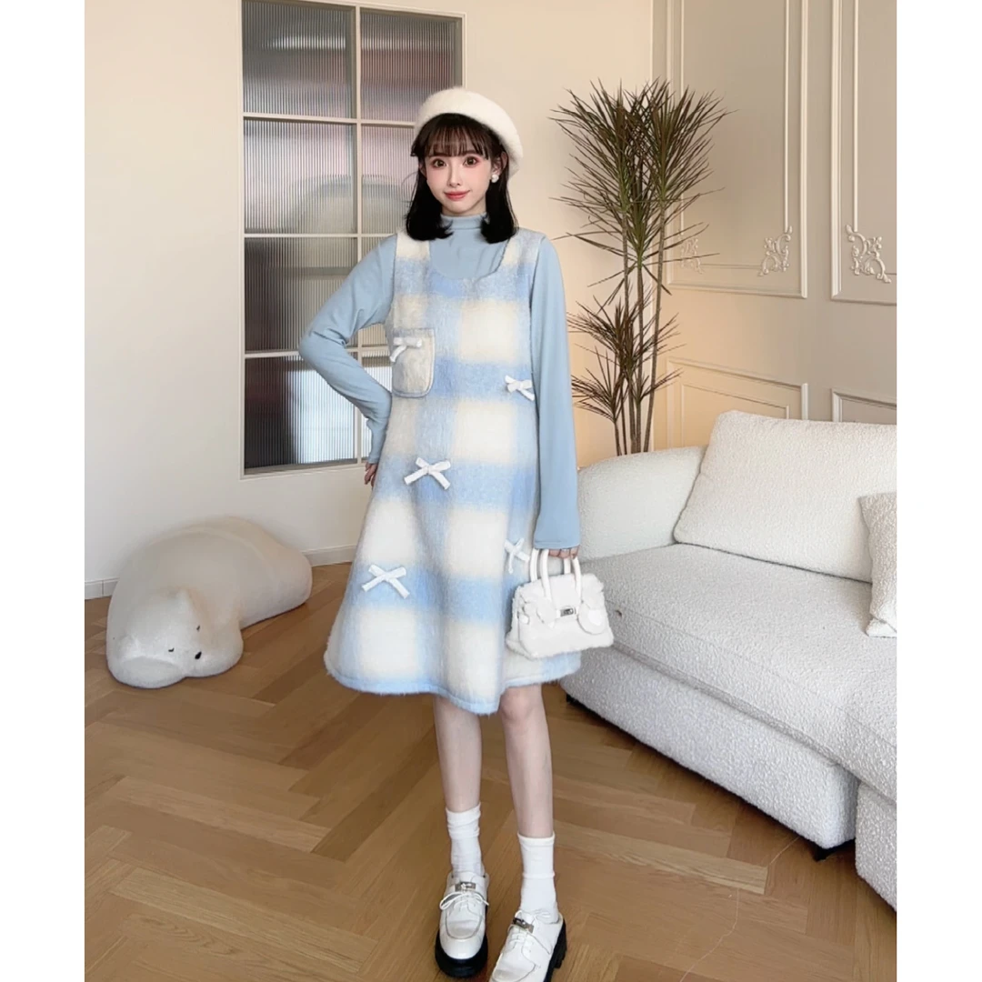 maodan/猫单【蓝海礁石】孕妇装春秋格子背心裙时尚中长款裙子春装.