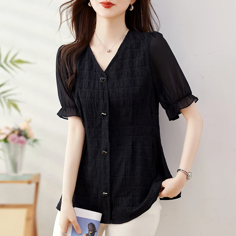 大码女装衬衫胖MM收腰显瘦雪纺衫气质减龄黑色上衣2025夏季打底衫
