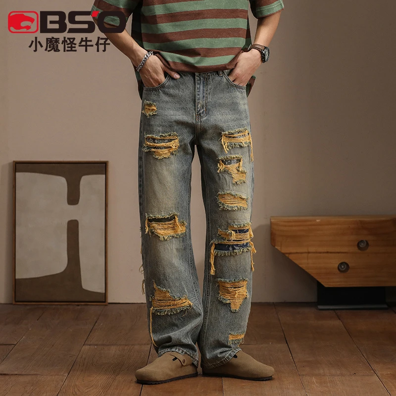 小魔怪美式高街潮牌宽松直筒牛仔裤男士长裤痞帅破洞补丁工艺垂感