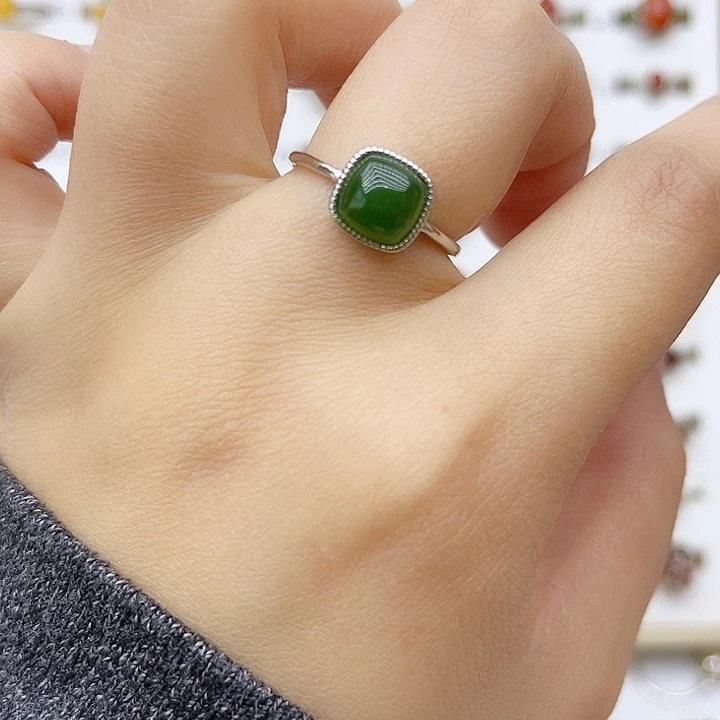 和田玉戒指银S925镶嵌天然