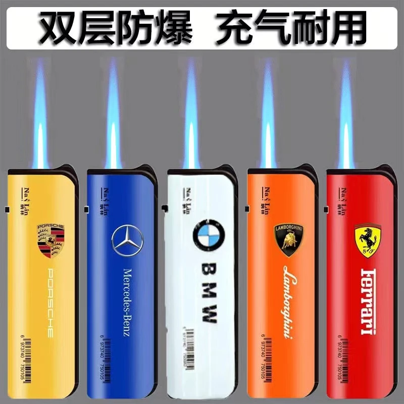 【爆款】金属防风打火机爆款车标蓝焰直冲防风打火机送男友可充气