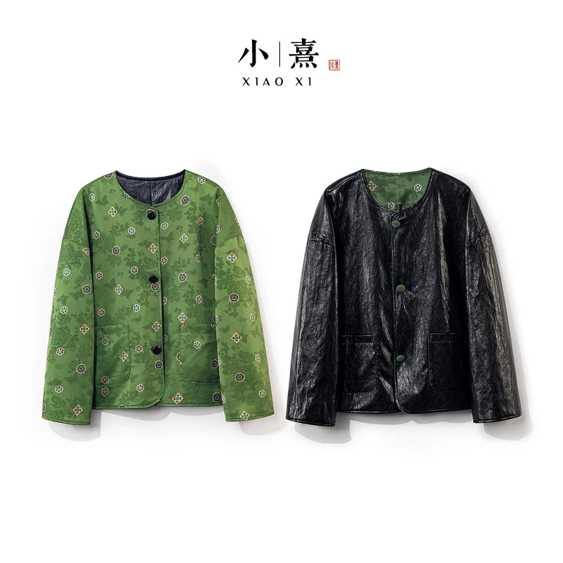 【晚春】2025新款双面双穿新中式上衣外套女式圆领宽松提花PU皮皮衣