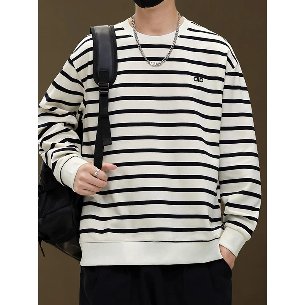 ICCLEK复古条纹重磅长袖卫衣男士春秋季新款潮宽松T恤套头打底衫