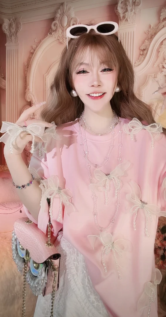 【崔】粉恋蝶舞 T0125 设计感重工蝴蝶结短袖T恤女甜美中长款上衣