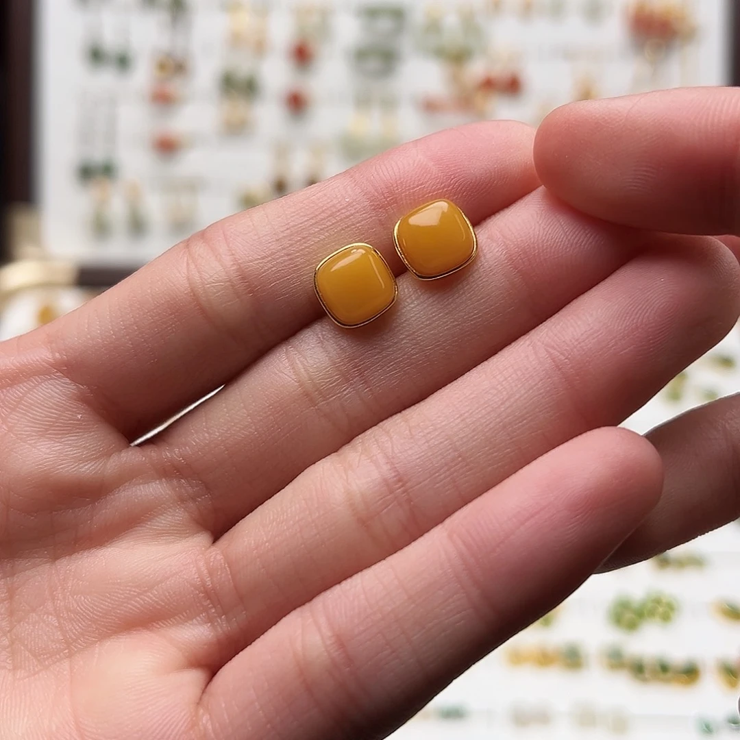 银S925镀金镶嵌和田玉耳饰