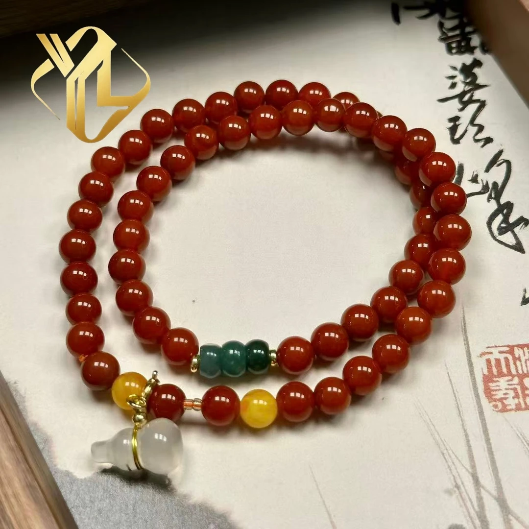 双圈南红玛瑙女士手串显白款蓝水翡翠点缀福禄--sl003