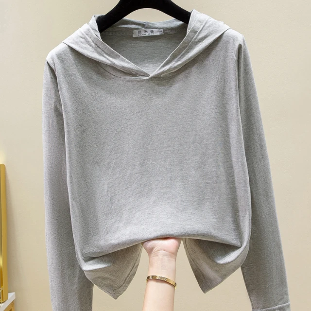 开春棉灰色长袖t恤女卫衣连帽2025新款春秋带帽薄款帽衫大码潮新