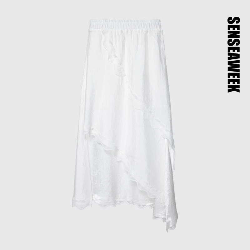 SENSEAWEEK设计师品牌不规则下摆醋酸蕾丝半裙教师穿搭