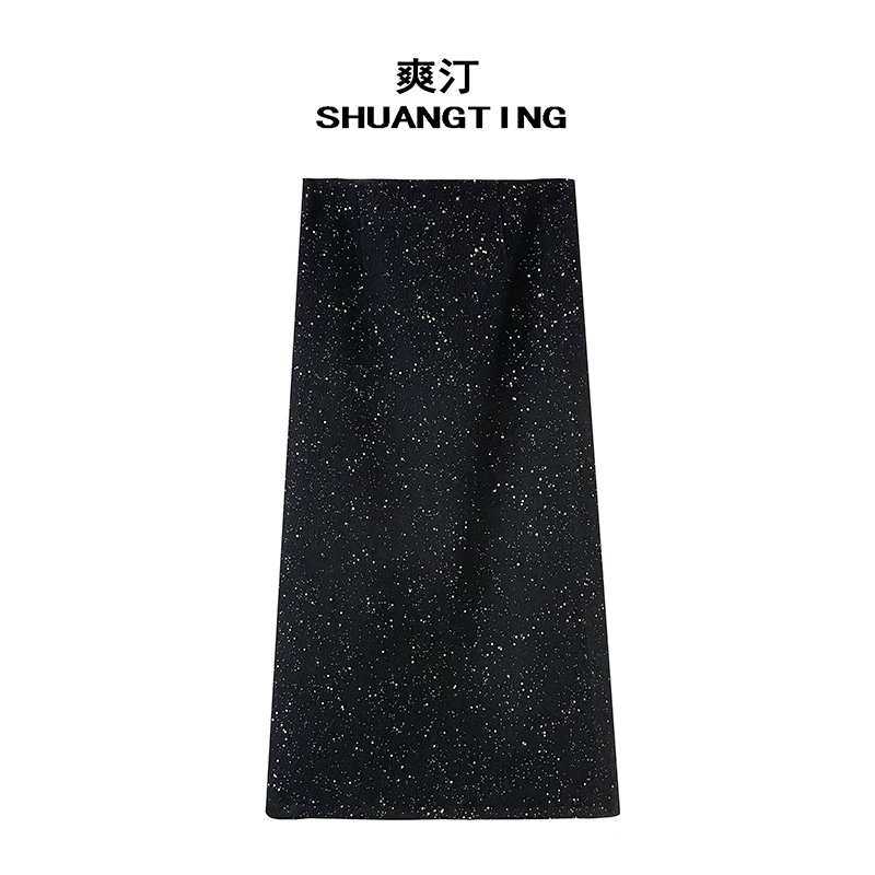 Jokara/丘可儿【闪闪鎏金】国风亮片毛呢裙直筒优雅半身裙加厚秋冬