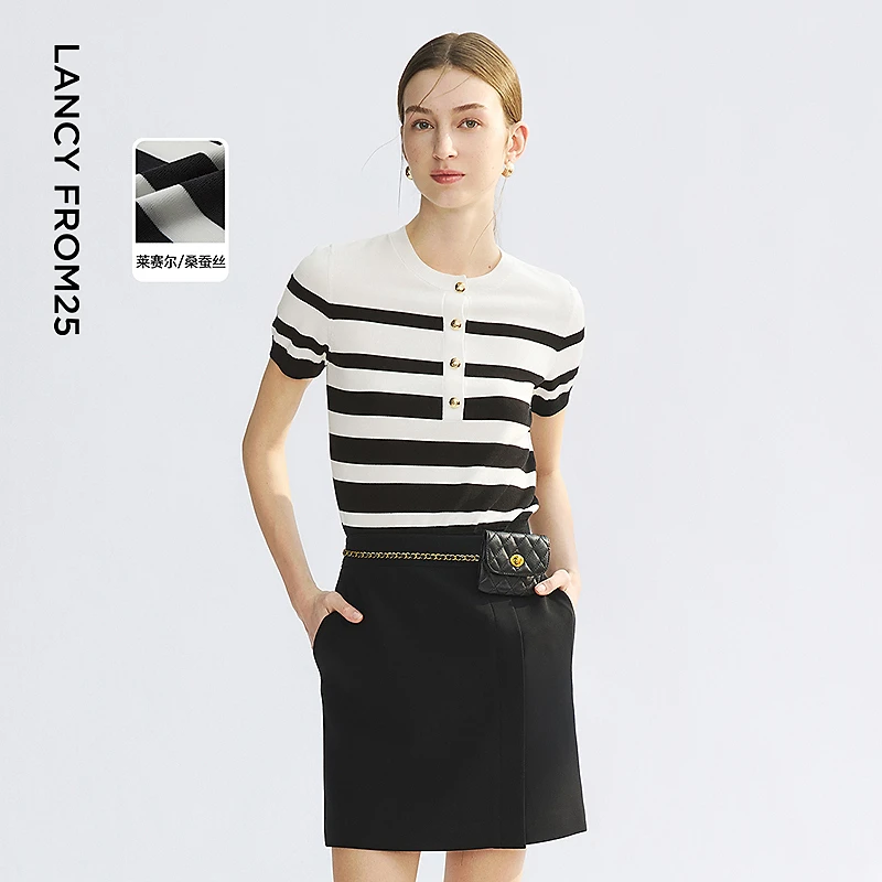 朗姿修身黑白撞色条纹薄针织短袖2025年夏季新款通勤气质钉珠上衣