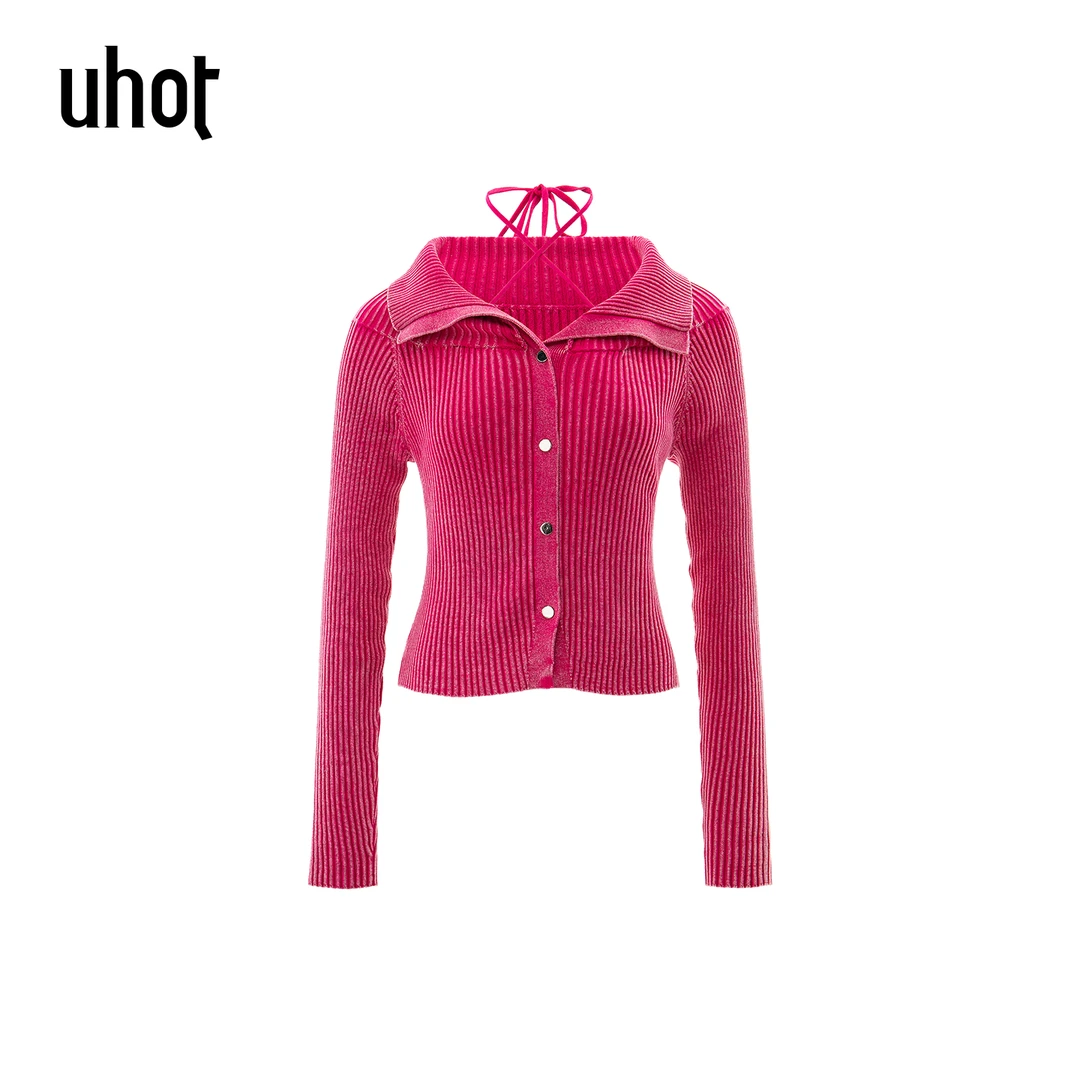 UHOT/诱货玫粉色翻领秋冬一字肩上衣女挂脖针织衫 UWWA3Z650M