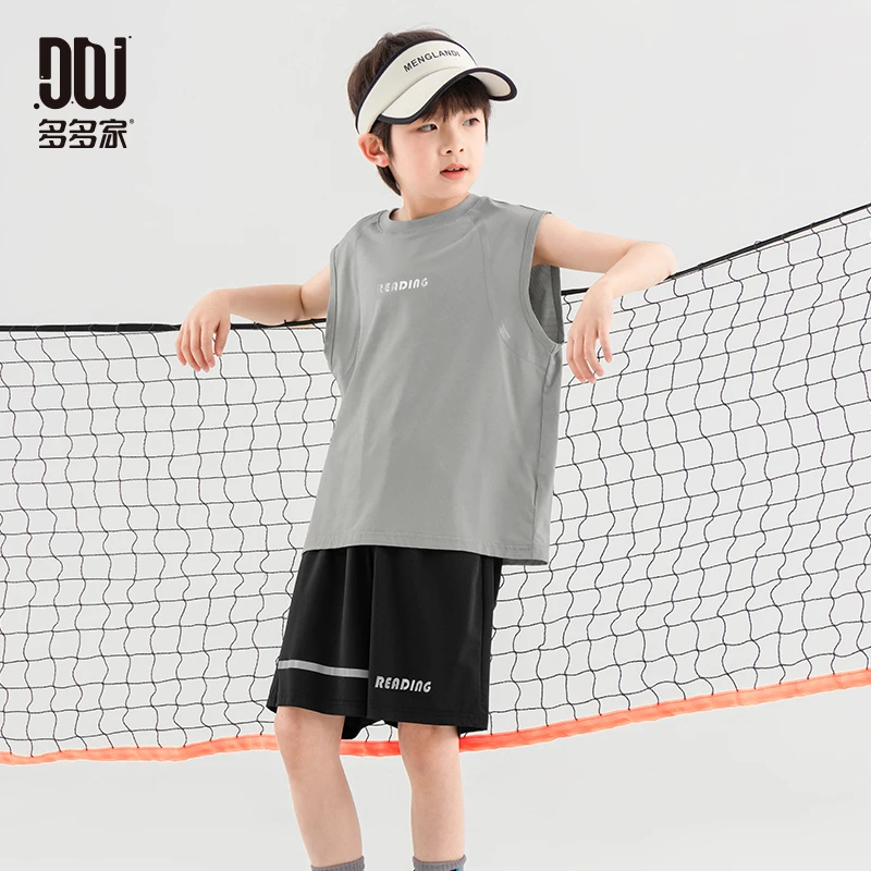多多家10816【冰皮.运动套装】夏季男童透气科技反光条背心套装