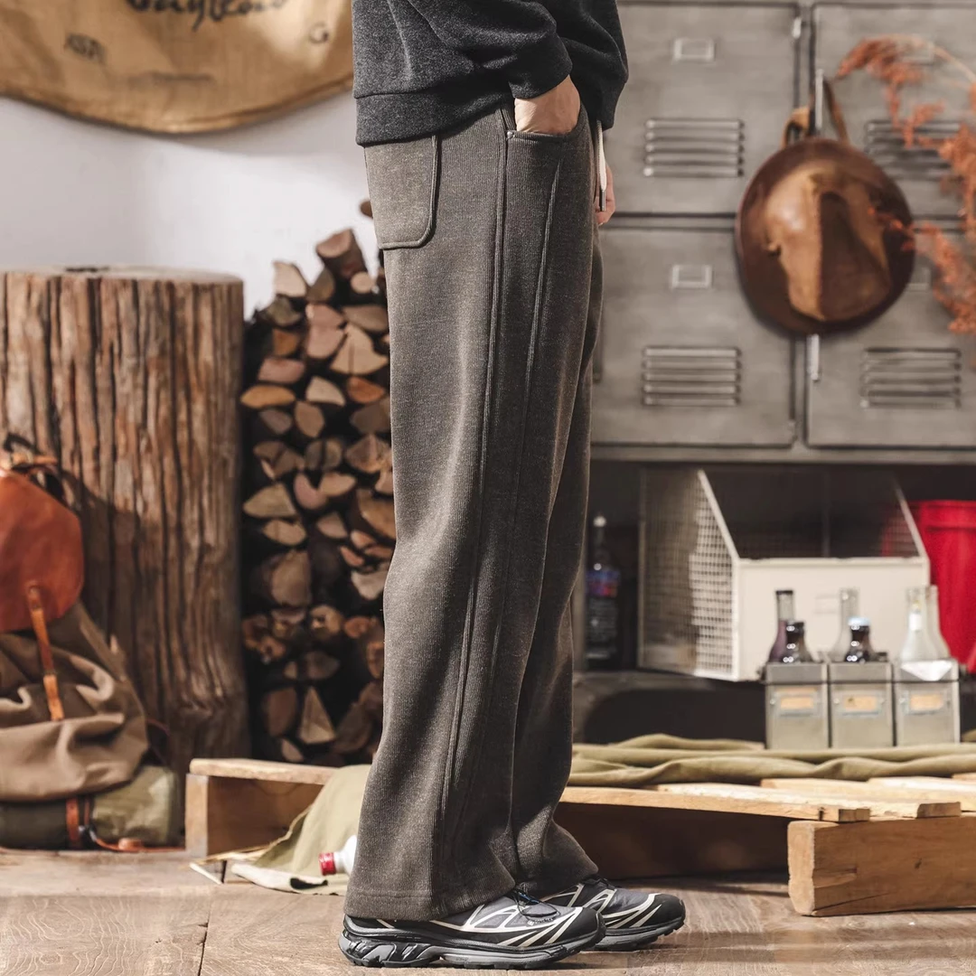 美式复古重磅欧棉绒针织卫裤男加绒冬季宽松加厚保暖直筒休闲裤男