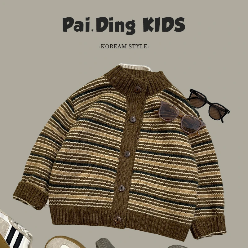 秋装儿童韩版时尚撞色条纹休闲宽松针织毛衣开衫SJ4585