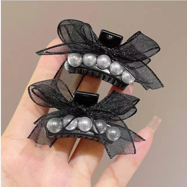 黑色蝴蝶结网纱ab发夹夹子双面侧边碎发刘海气质头饰高级公主