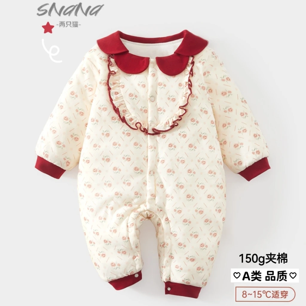婴儿夹棉连体衣加厚薄款女宝宝秋冬季加棉拜年服外出新生儿棉服
