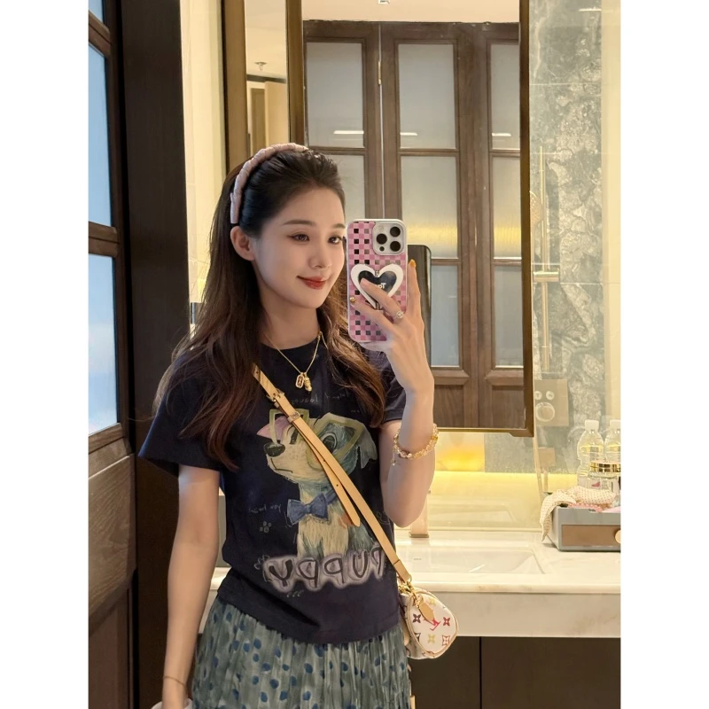 【方框眼镜狗】夏季时尚百搭可爱印花短袖-DX2025796