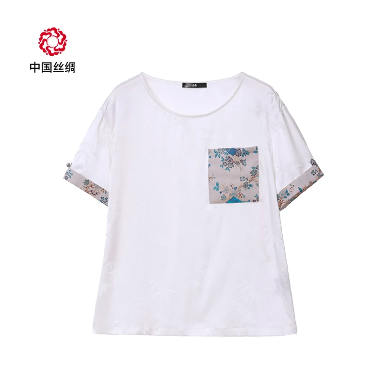 中国丝绸提花缎高档桑蚕丝拼新中式夏季短袖女T恤【原创拼接短袖】