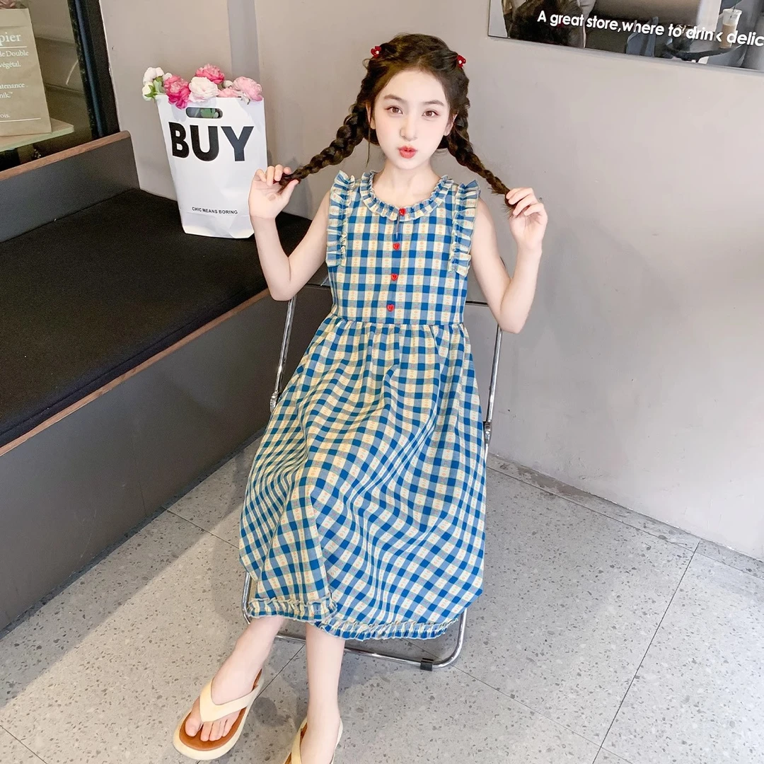 女童夏装裙子2025新款女大童夏天学院风公主裙儿童夏季格子连衣裙