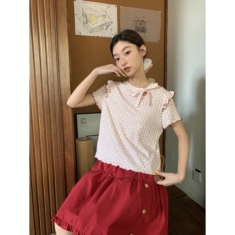 Jiang jam/姜姜姜酱领口系带蝴蝶结t恤女短袖上衣