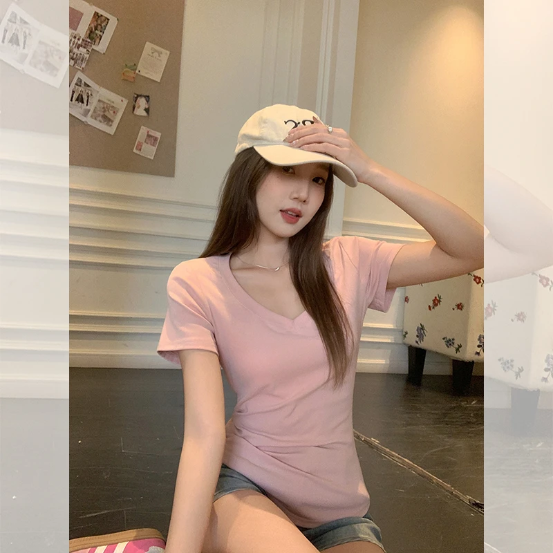 短袖女紧身夏新款正肩修身百搭爆款V领上衣纯棉T恤