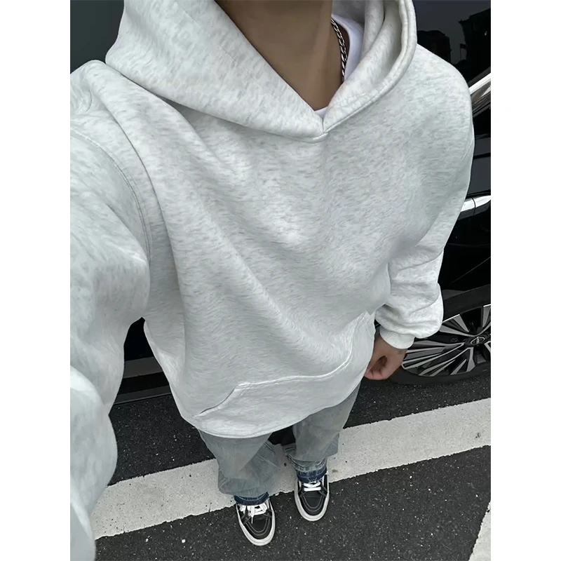 花灰色boxy短款连帽卫衣男cleanfit高级感重磅硬挺正肩套头衫外套