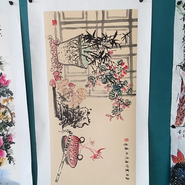 国画三尺横幅手绘花鸟