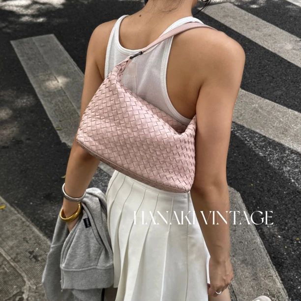 95新 BOTTEGA VENETA/葆蝶家 花绮中古/BV樱花粉小号编织饭盒包
