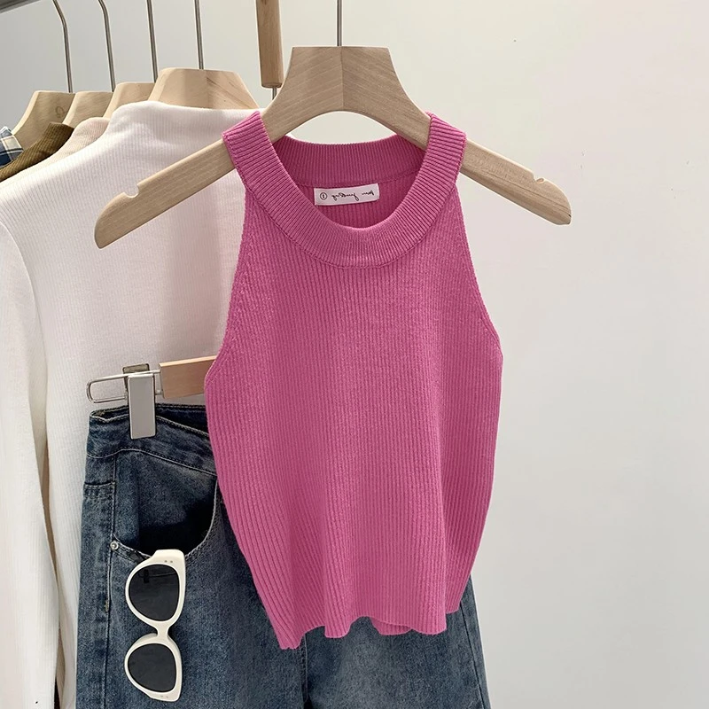 现货法式高级设计感粉色无袖挖肩针织背心女夏2025新款外穿吊带小