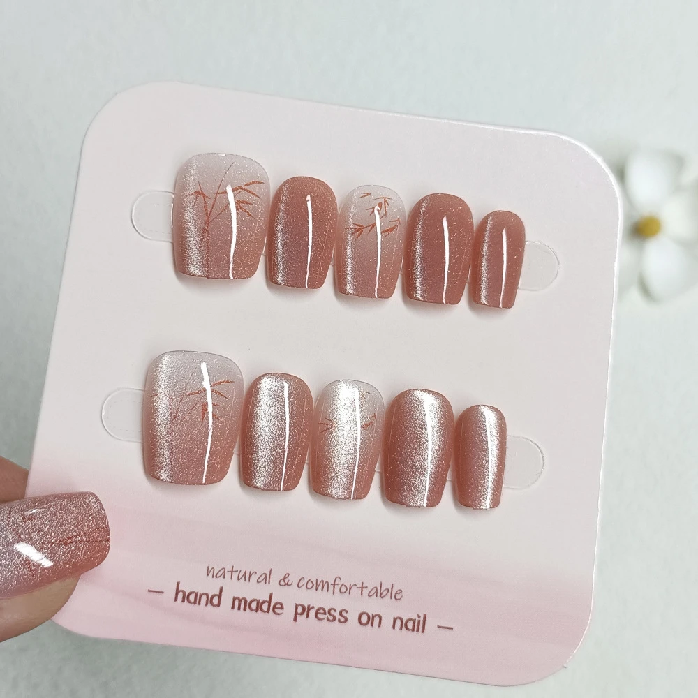 新中式半手工穿戴甲 分码十片晶石猫眼美甲 短款红竹猫眼指甲贴片