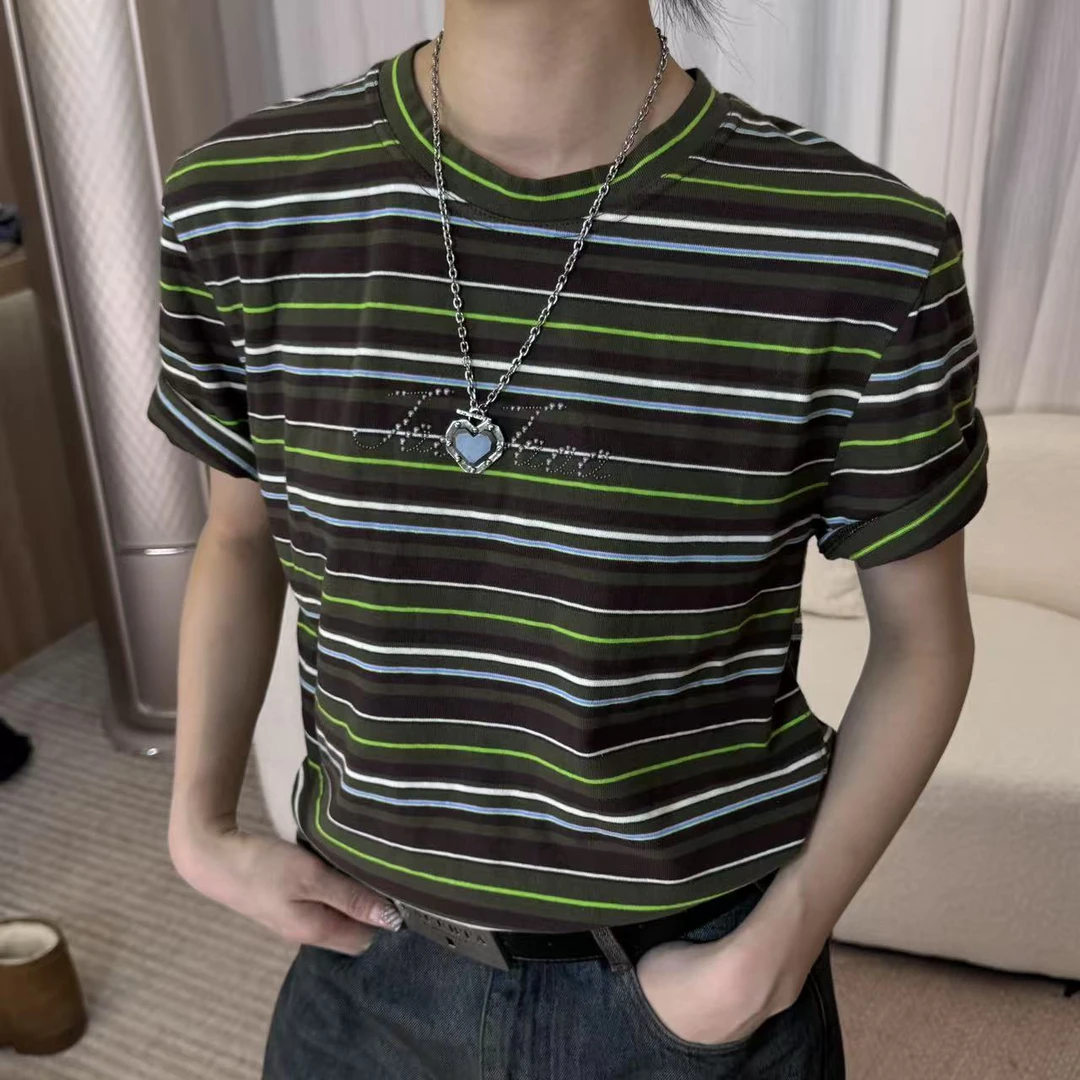 S.X 2025春夏新款 高温烫珠条纹短袖T