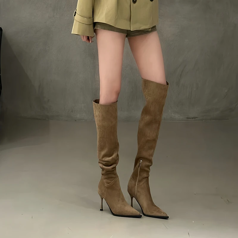 尖头细跟高跟过膝长靴女2025年新款秋季法式卡其色百搭褶皱堆堆靴